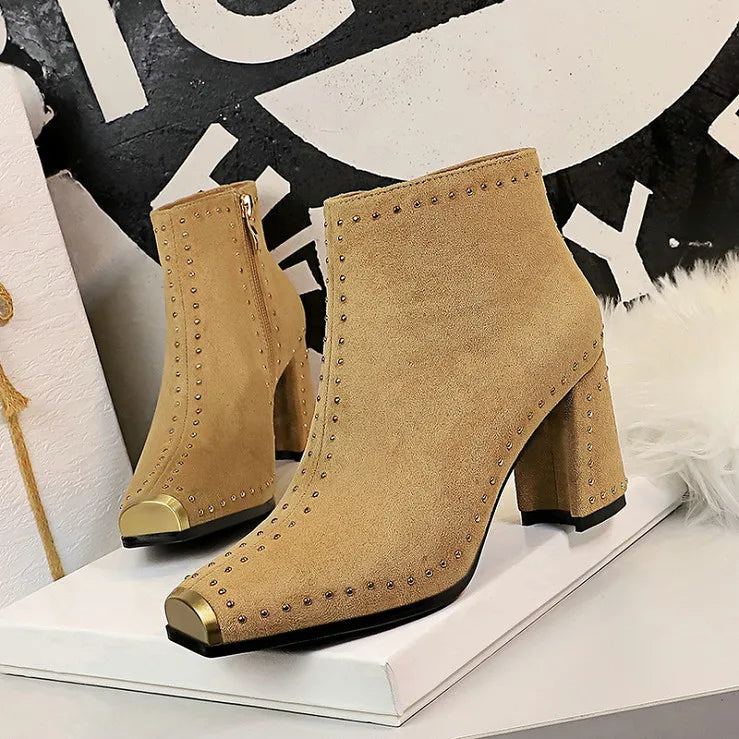 Women's Square Toe High Heels Riveted Boots