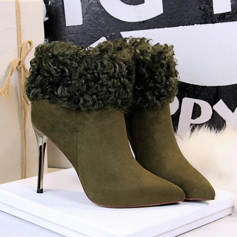 Women Pointed Toe Flock High Heel Ankle Boots 8663-6