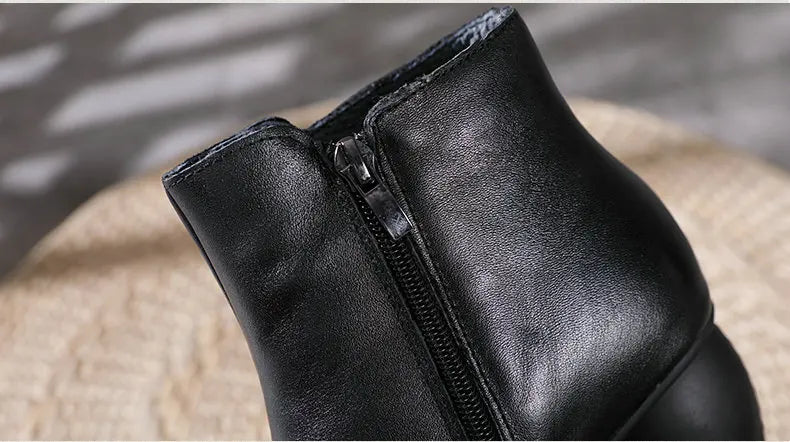 Women Round Heel Side Zipper Design Genuine Leather Ankle Boots 3769