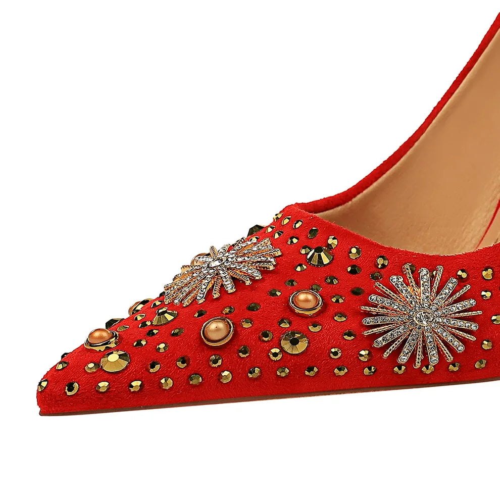 Women Flock Metal Decorative Rhinestone Design Pointed Toe Pumps 2467-1