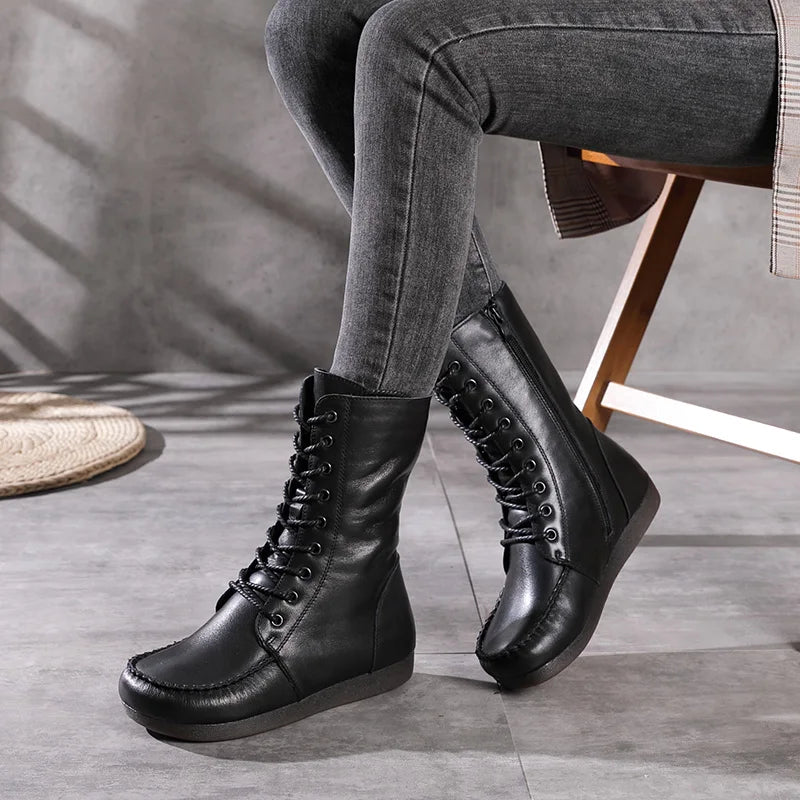 Women Lace Up Medium Top Genuine Leather Boots 3766