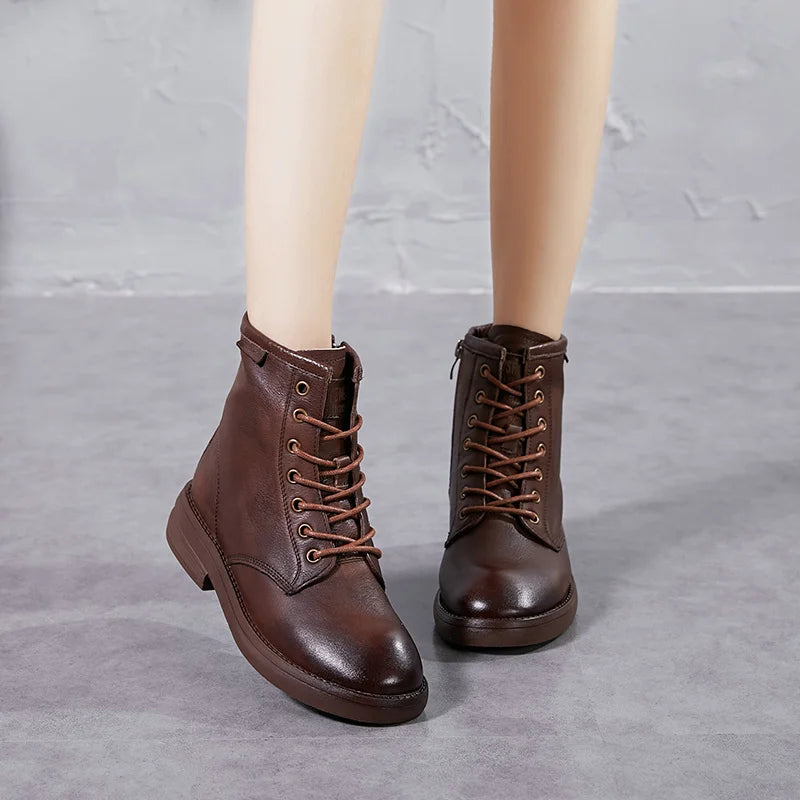 Women Round Toe Genuine Leather Ankle Boots 9623