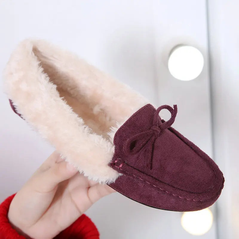 Women Warm Flock Short Plush Cotton Bow Loafers B912