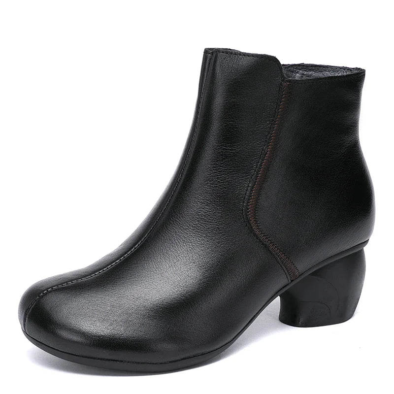 Women Round Heel Side Zipper Design Genuine Leather Ankle Boots 3769
