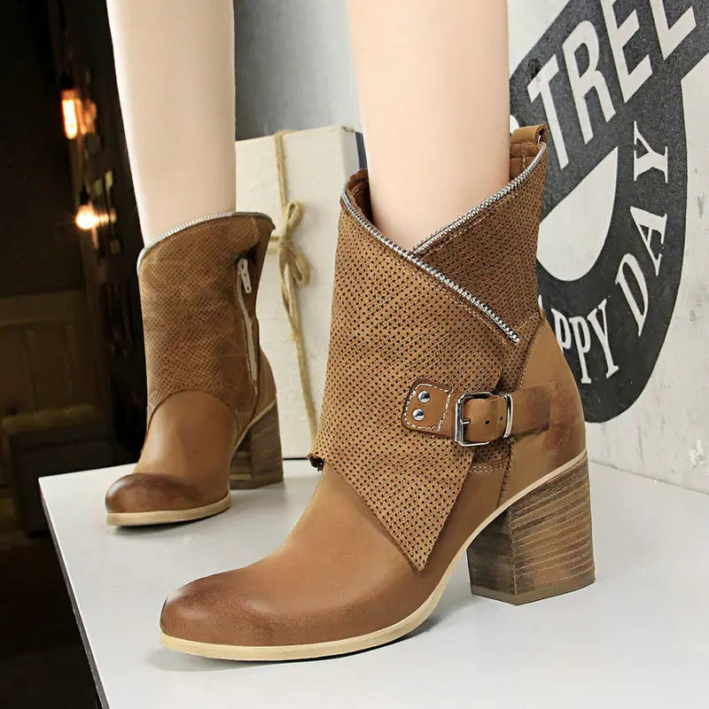 Women Suede Leather Round Toe Ankle Boots 6568-1