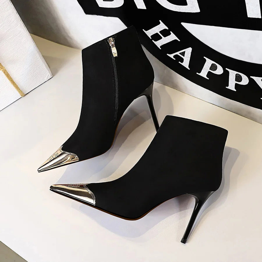 Women Suede Leather Thin Heels Ankle Boots 173-1