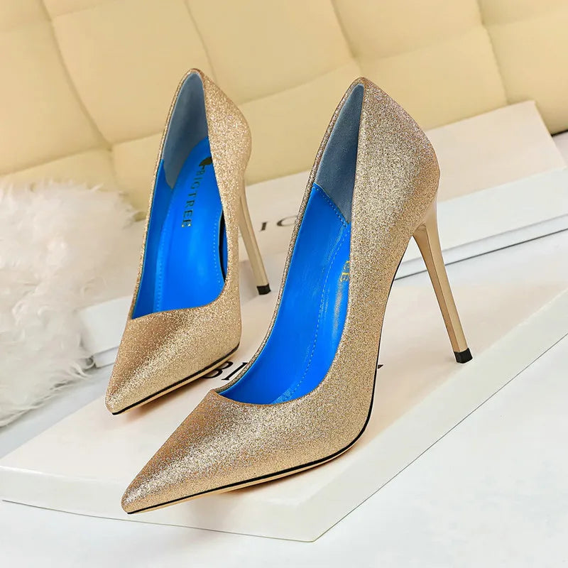 Women High Heel Sequined Cloth Pointed Toe Pumps 6755-1