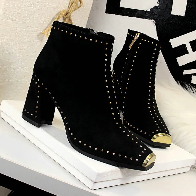 Women's Square Toe High Heels Riveted Boots