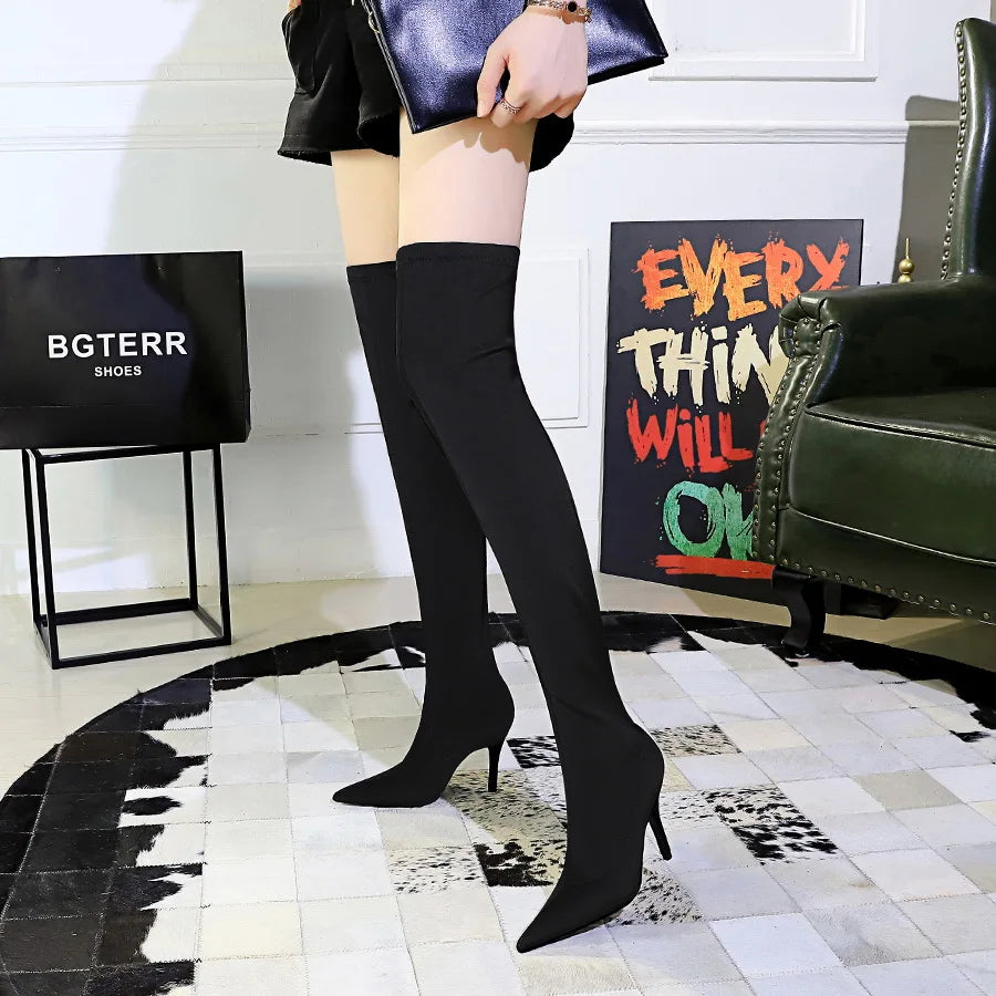 Women Pointed Toe Stretch Over Knee Boots 6513