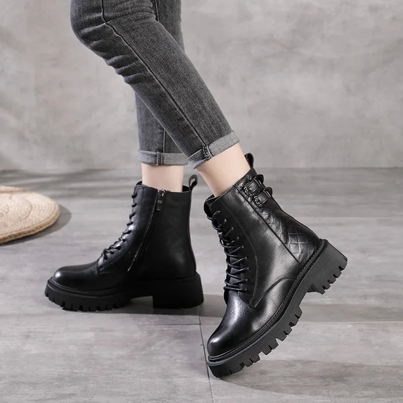 Women Round Toe Side Zipper Design Genuine Leather Ankle Boots 1316-3