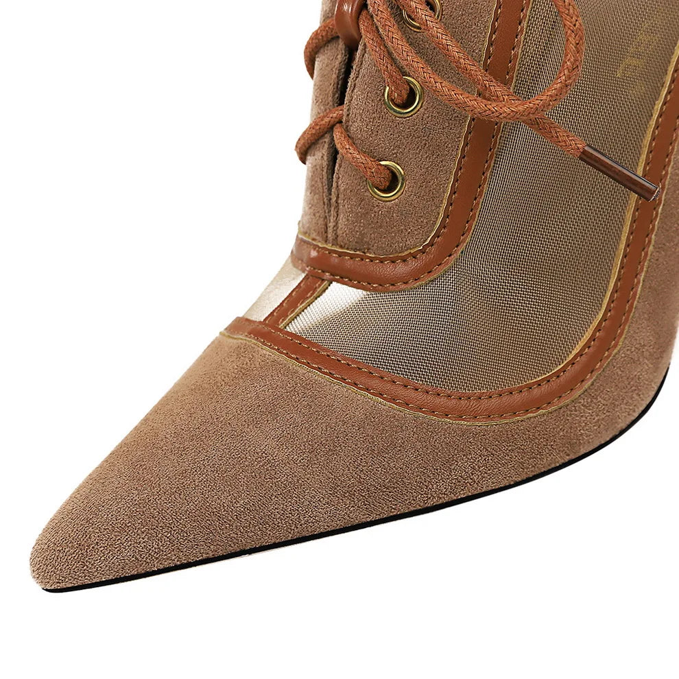 Women Mesh Hollow Lace Up Cross Strapping Pumps 3625