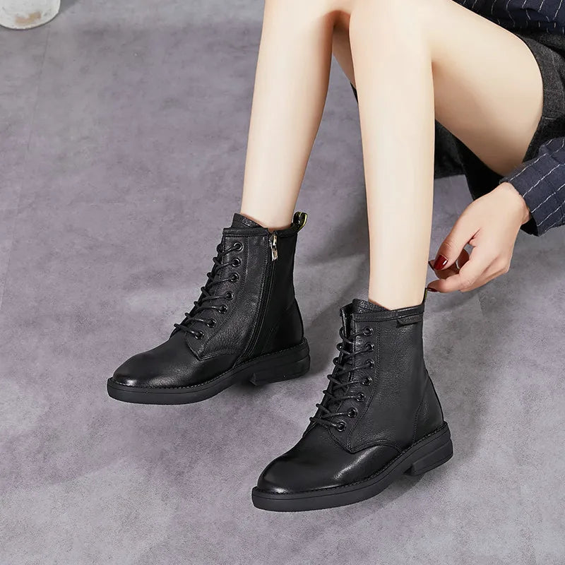 Women Round Toe Genuine Leather Ankle Boots 9623