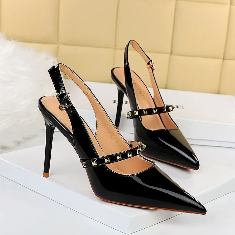 Women Hollow Back Trip Belt Design High Heel Shoes 3326