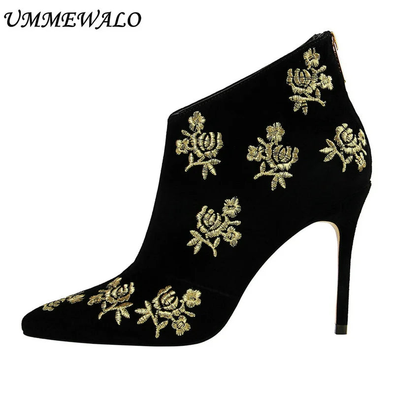 Women Pointed Toe Winter Embroidery Ankle Boots 1261