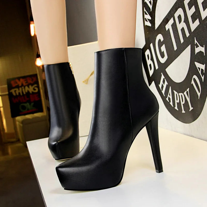 Women Pointed Toe Leather High Heel Ankle Boots 9657-5