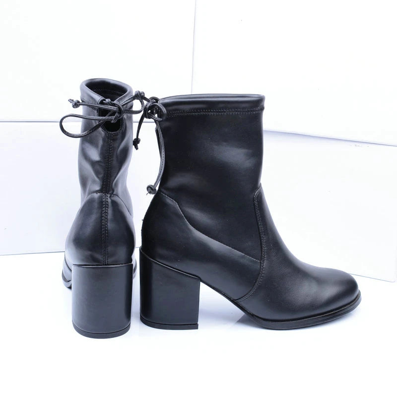 Women Genuine Leather High Heel Elastic Boots 6657-1