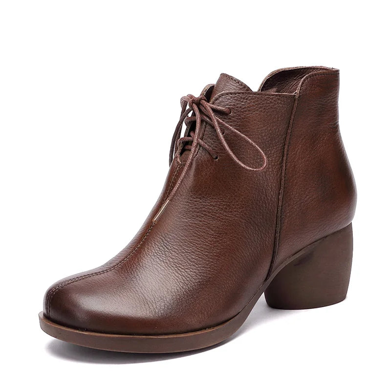 women Thick Heel Lace Up Genuine Leather Ankle Boots 3961
