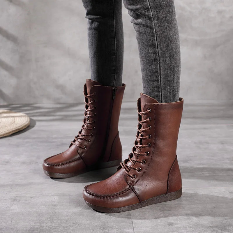 Women Lace Up Medium Top Genuine Leather Boots 3766
