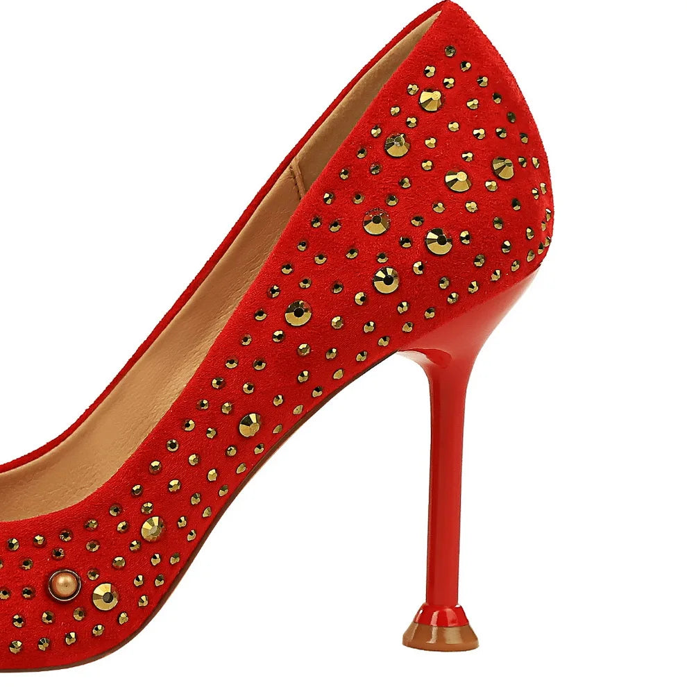 Women Flock Metal Decorative Rhinestone Design Pointed Toe Pumps 2467-1