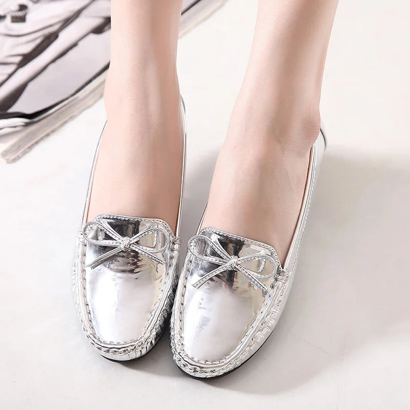 Women Metallic Patent Leather Flat Shoes Loafers