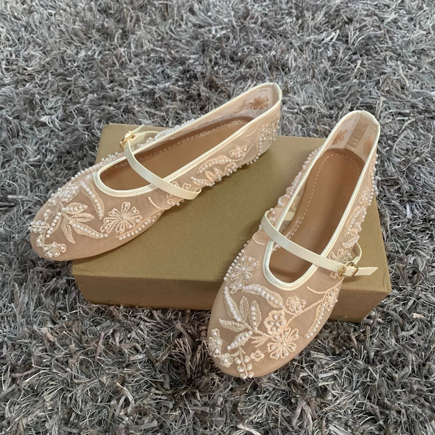 Women Hollow Embroidery Pearl Mesh Ballet Flats