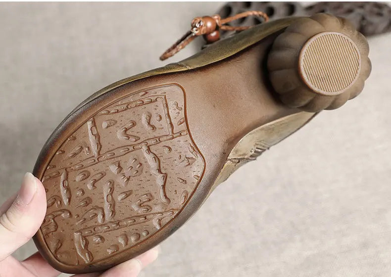 women Retro Genuine Leather Thick Heel Boots 3288