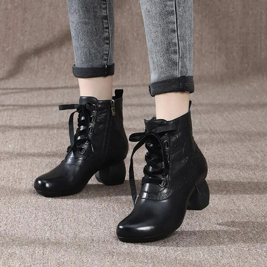 Women Floral Embossed Thick Heel Boots 3567