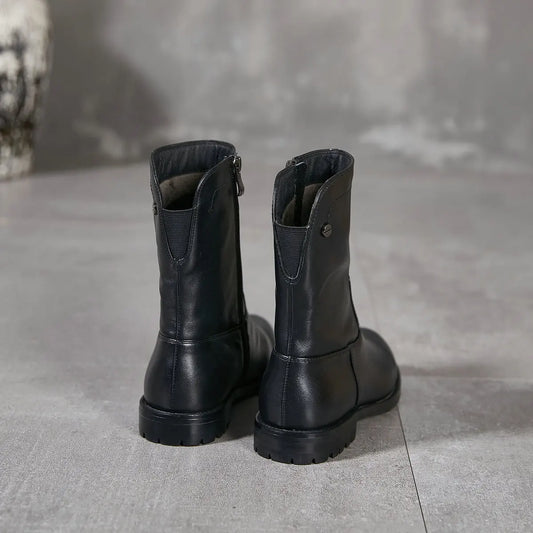 Women Black Genuine Leather Short Boots 3625-1