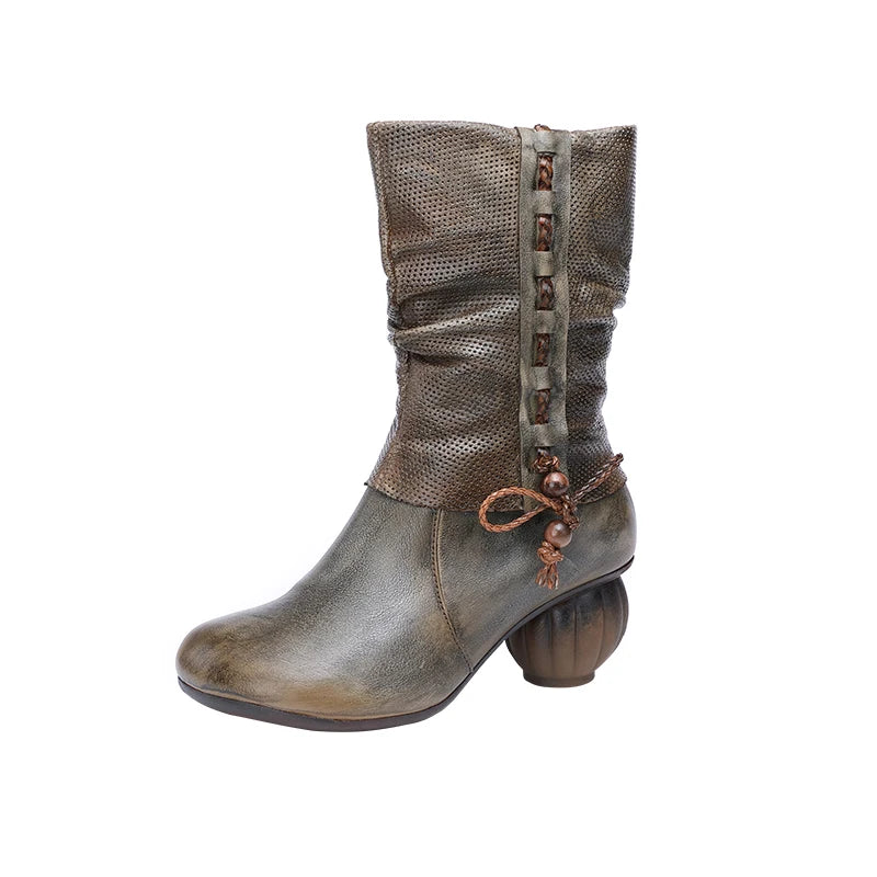 women Retro Genuine Leather Thick Heel Boots 3286