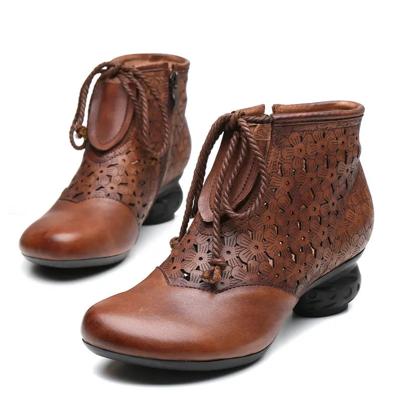 Women Genuine Leather Retro Soft Sole Boots Hollow Design 3651