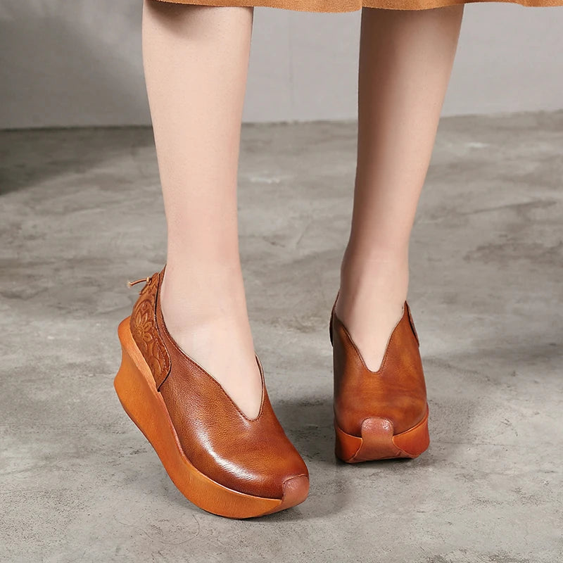Women Slip On Thick Heel Platform Shoes Genuine Leather Wedges 3621-6