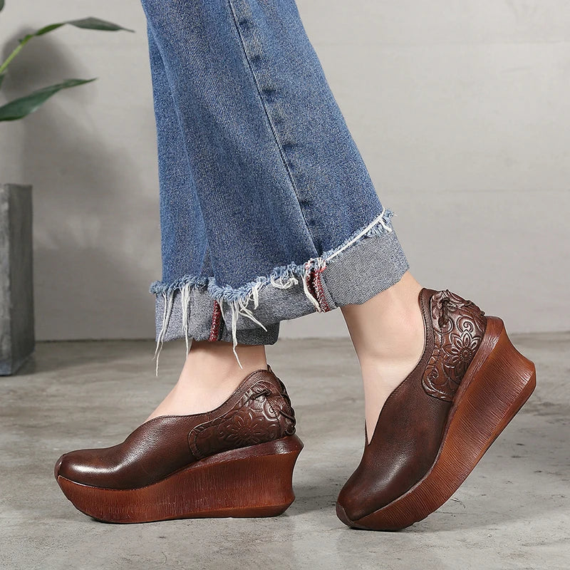 Women Slip On Thick Heel Platform Shoes Genuine Leather Wedges 3621-6