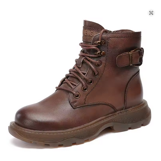 Women Round Toe Side Zipper Buckle Design Winter Genuine Leather Ankle Boots