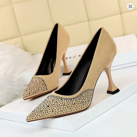 Flock High Heels Shoes Women Rhinestone Design Pointed Toe Pumps 2825