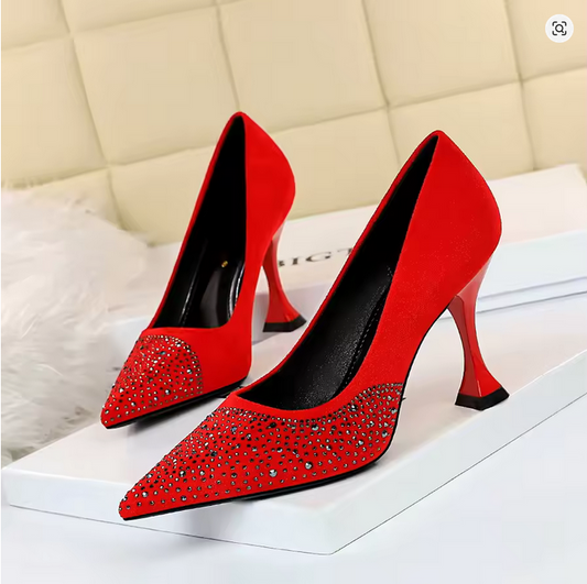 Flock High Heels Shoes Rhinestone Design Pointed Toe Pumps 2826