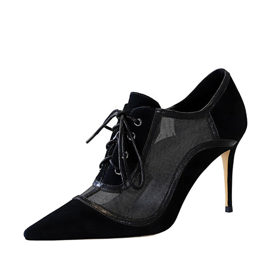 Women Mesh Hollow Lace Up Cross Strapping Pumps 3625