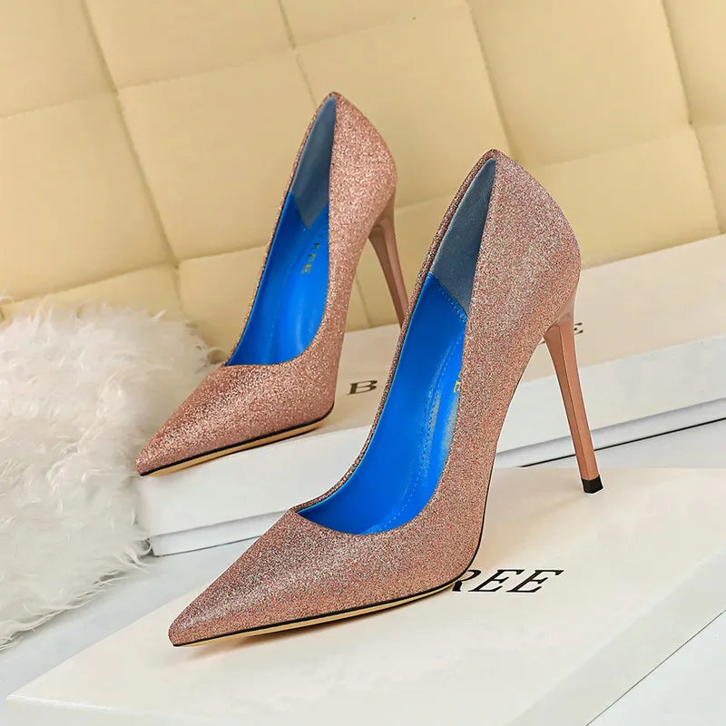 Women High Heel Sequined Cloth Pointed Toe Pumps 6755-1