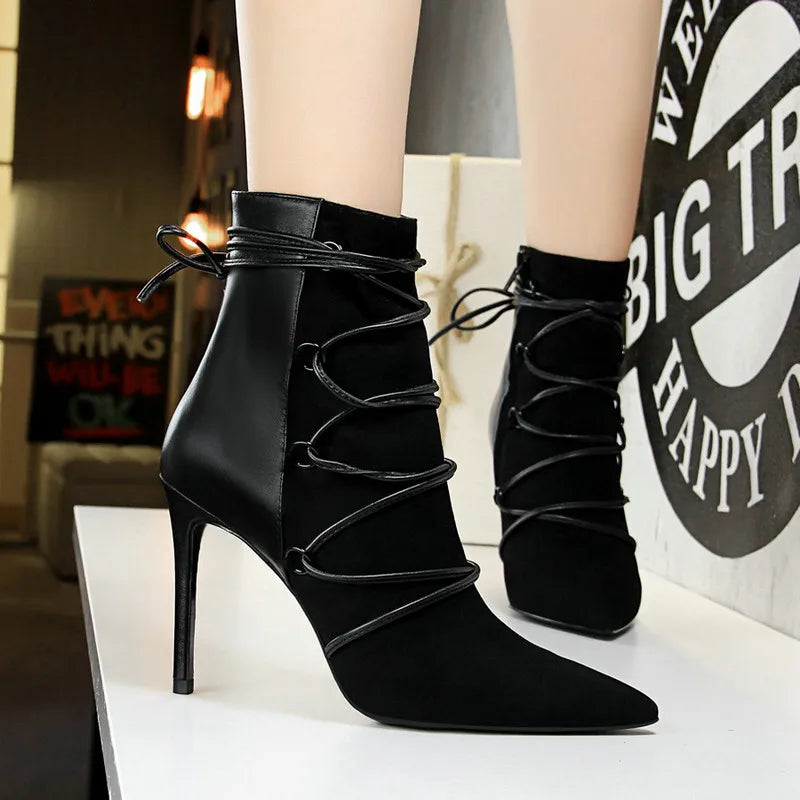 Women Pointed Toe Ankle Length Flock Boots 126-2