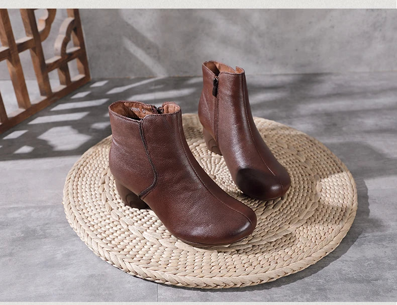 Women Round Heel Side Zipper Design Genuine Leather Ankle Boots 3769