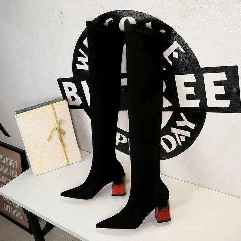 Women Over The Knee High Heels Flock Boots 6246