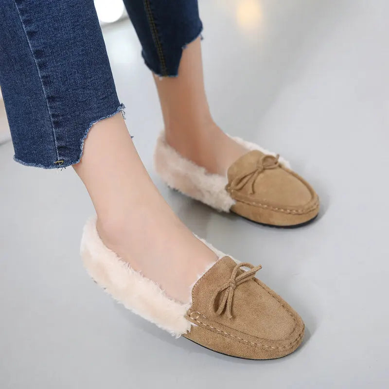Women Warm Flock Short Plush Cotton Bow Loafers B912