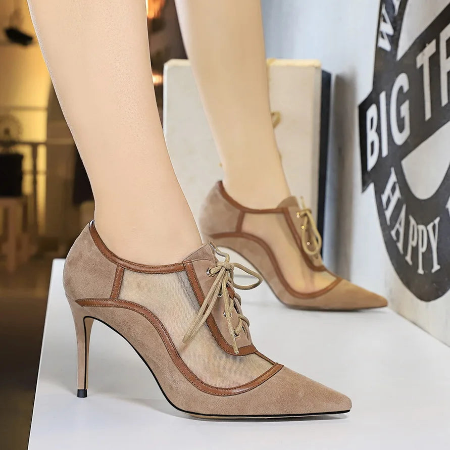 Women Mesh Hollow Lace Up Cross Strapping Pumps 3625