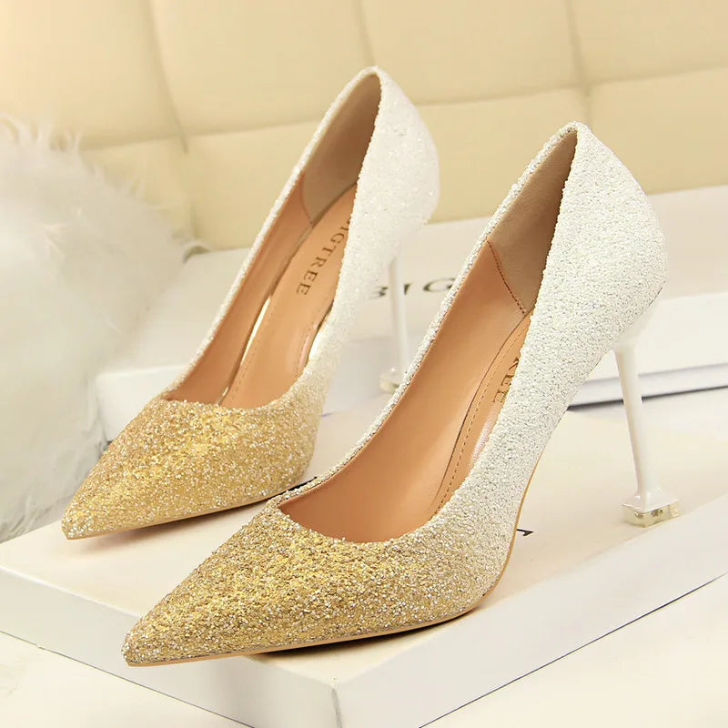 Women Sexy High Heels Shoes Sequined Cloth Gradient Pumps 2466-1