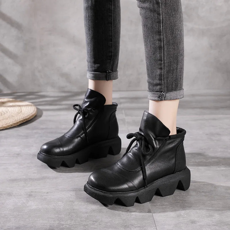 Women Round Toe Genuine Leather Lace Up Platform Boots 3672
