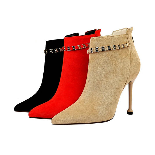 Women Ankle Length Flock Boots Pointed Toe Heel Boots 3622