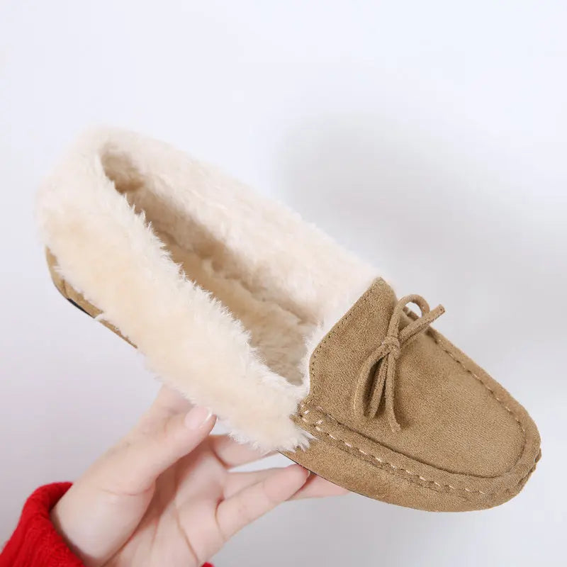 Women Warm Flock Short Plush Cotton Bow Loafers B912