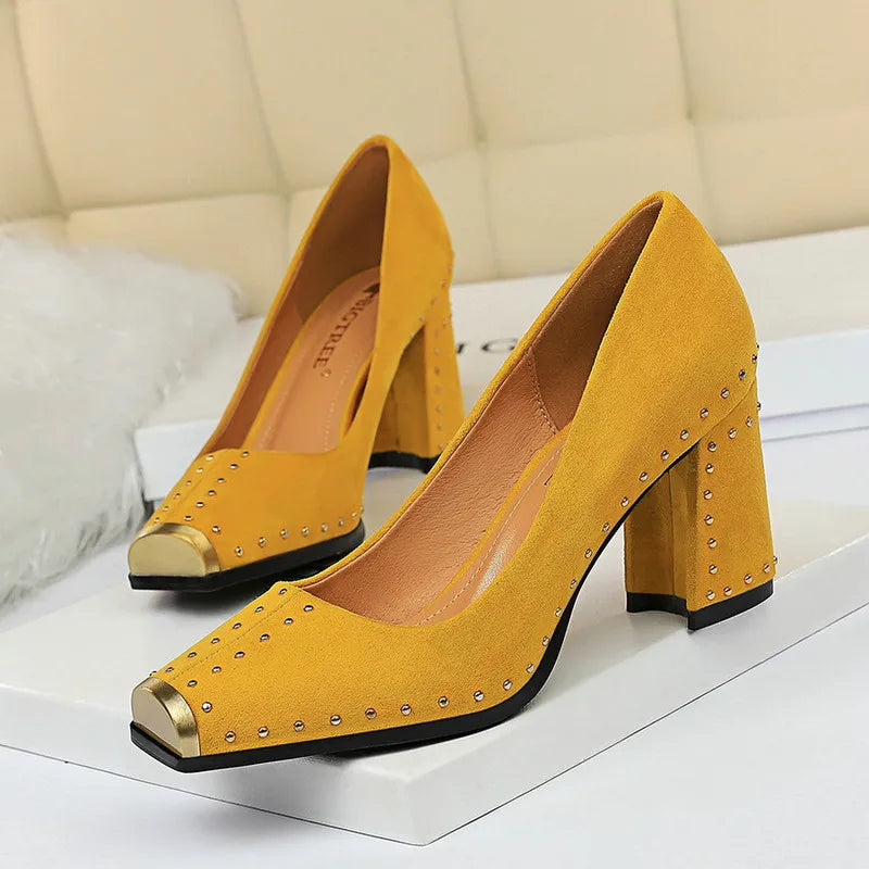 Women's High Heels Shoes Rivet Design Metal Square Toe Pumps 3672-2