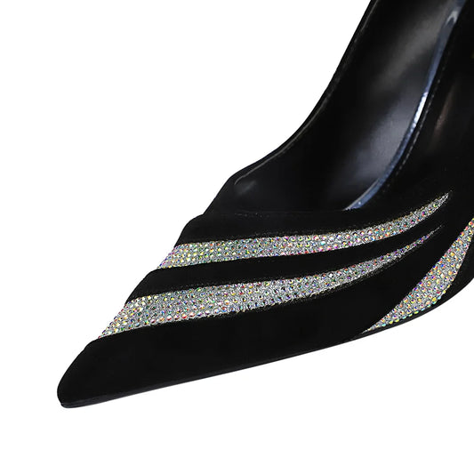 Women Black High Heels Shoes Flock Pointed Toe Pumps 3462