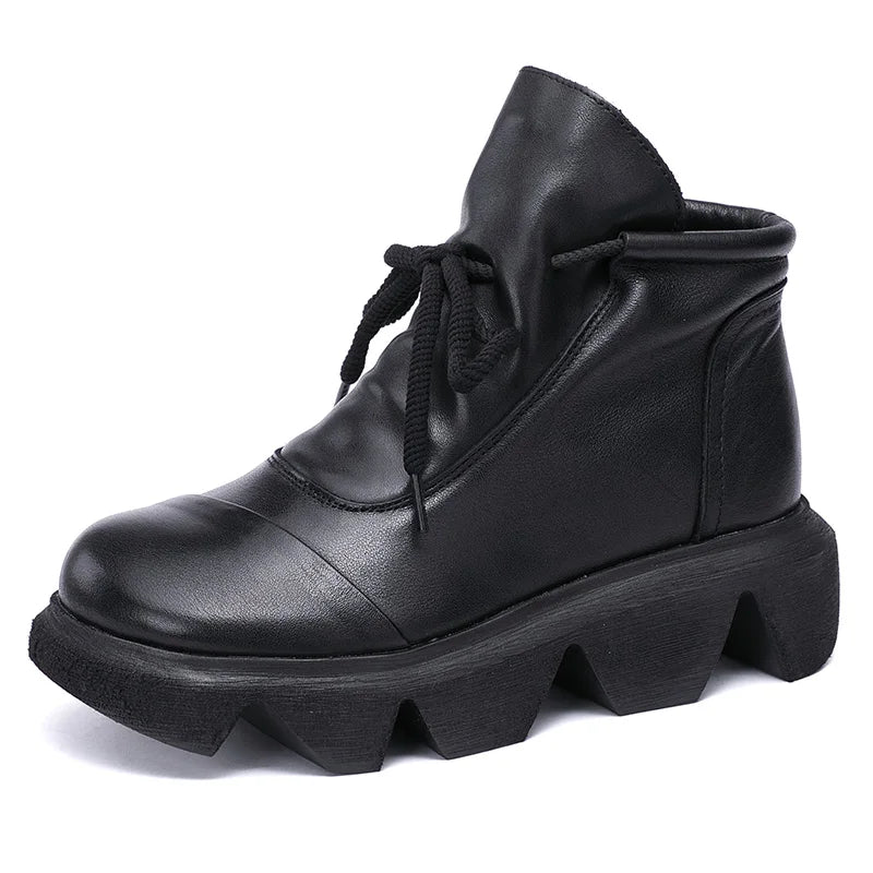 Women Round Toe Genuine Leather Lace Up Platform Boots 3672