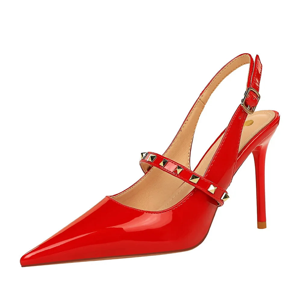 Women Hollow Back Trip Belt Design High Heel Shoes 3326